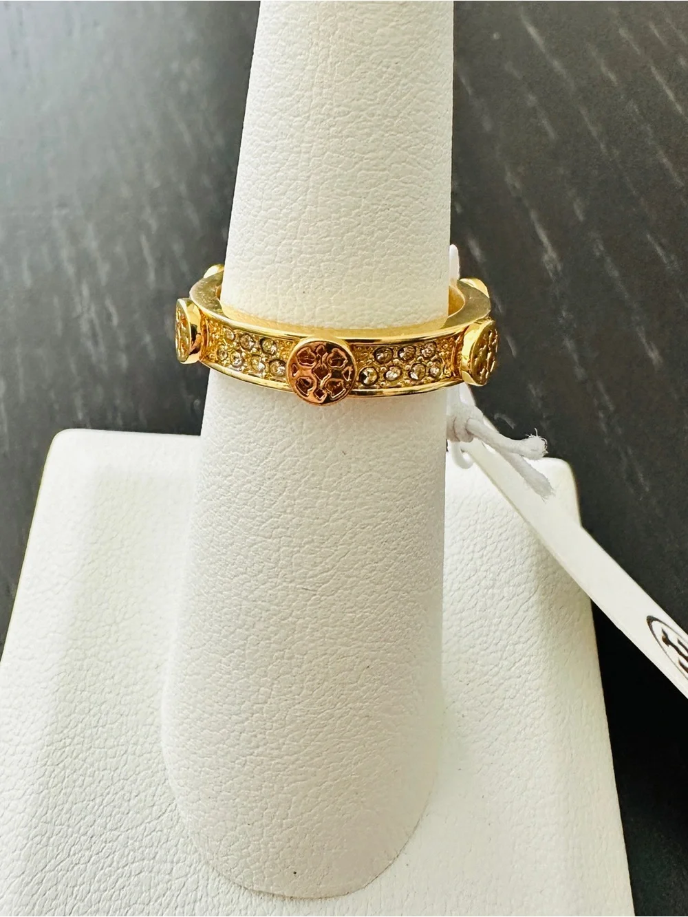 Tory Burch Gold Crystal Logo Medallion Ring